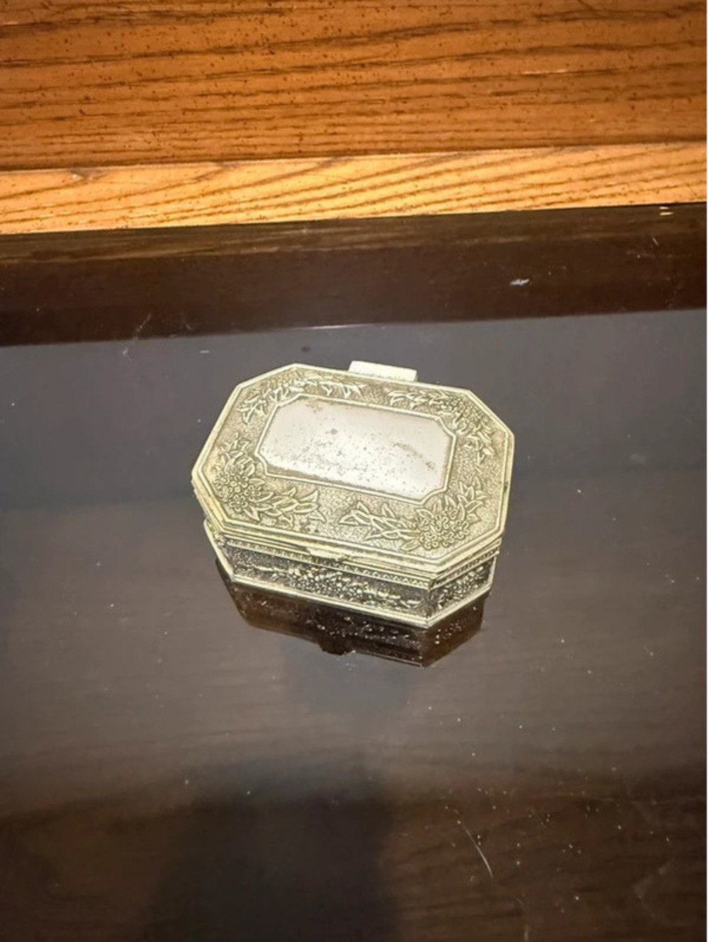 Vintage Silver Tone Floral Octagonal Trinket Jewelry Box Black Velvet inside